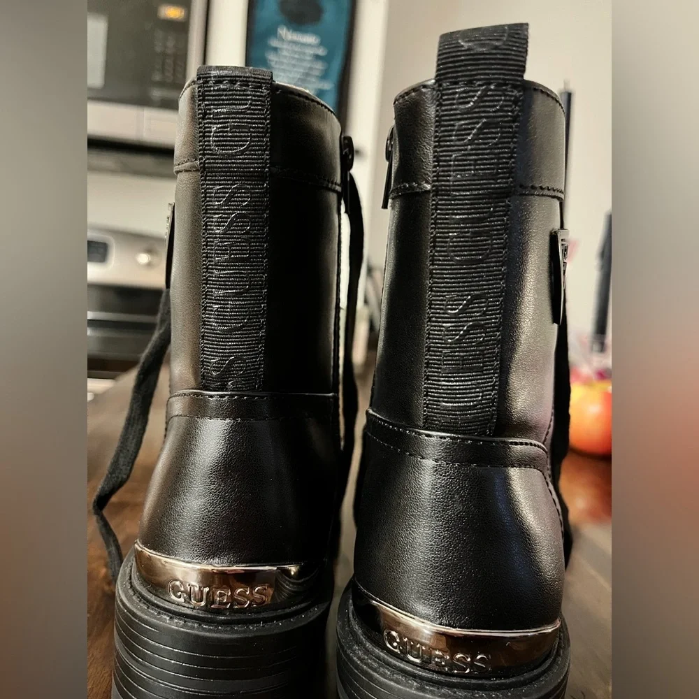 Guess Black Leather Embellished Combat Boots - Picture 5 of 8